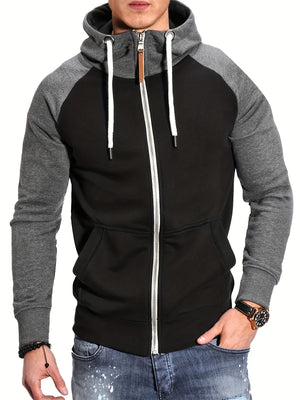 Mens Relaxed Fit Color Block Zip Up Hoodie Soft Slight Stretch Fabric Long Sleeve Placket Design Lining Hand Washable