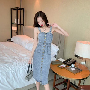 Denim Dress Women 2023 Summer New Retro Casual All-match Denim Slip Dresses Female Single Breasted Long Suspender Skirt