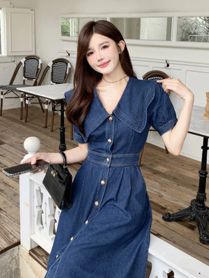 Temperament Summer Women's Denim Dress Elegant Turn-down Collar Short Sleeve Single Breasted Oversized Midi Female Dress M-3xl