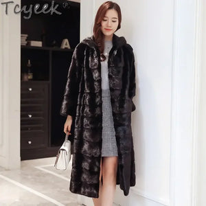 Tcyeek 2023 Elegant Real Fur Jacket Female Mink Winter Warm Hooded Real Fur Coat Long Natural Mink Fur Coats Women Clothing