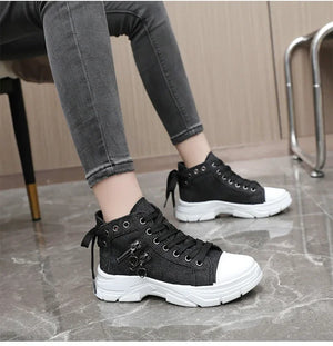 2024 New Women Plus Sizes Sneakers High Top Female Denim Canvas Shoes Thick Sole  Girls Students Ankle Canvas Boots Lace Up