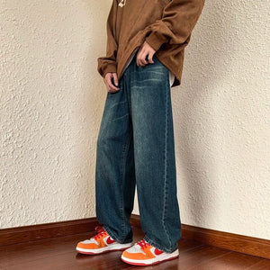 American Vintage Deep Blue Jeans Men Women High Street Vibe Style Loose Leg Pants Unisex Trendy Straight Denim Trousers