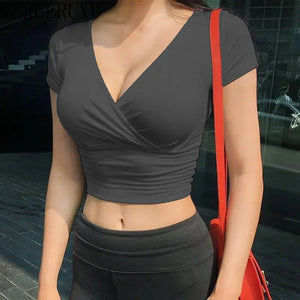 New Summer Black Sexy V-neck T-shirt Short Sleeve Y2k Crop Top