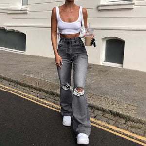 High Waist Blue Ripped Boot Cut Jeans For Women Fashion Stretch Knee Ripped Denim Flared Pants Casual Female Trousers Black 2024