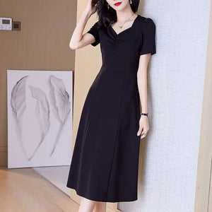 Elegant Square Collar Midi Dress 2024 Summer Solid Color Female Clothing A-Line Waist Fashion Folds Commute Short Sleeve Dresses