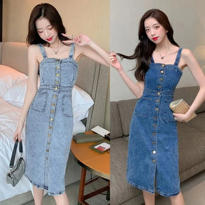 Denim Dress Women 2023 Summer New Retro Casual All-match Denim Slip Dresses Female Single Breasted Long Suspender Skirt