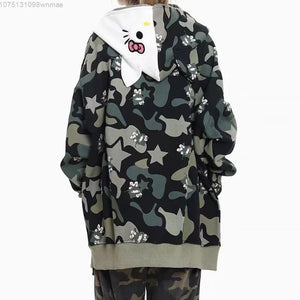 American Trendy Hello Kitty Camo Star Print Hooded Embroidered Hoodie for Women Loose Fitting Casual Zippered Coat Clothes