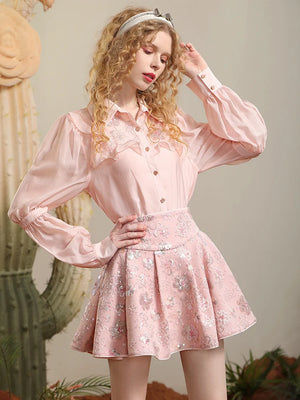 High-End Pink Skirt Set Women's Summer New Niche Design Ruffled Shirt Sequins Embroidery Shirt Top High Waist Mini Skirt Outfits