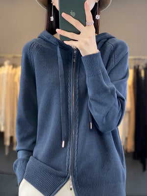 2024 autumn and winter hooded cardigan women's knitted top loose sweater casual solid color double zipper cardigan top