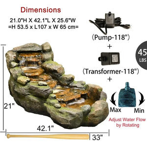 Garden outdoor fountain, floor standing layered rock outdoor fountain with LED lights and pump, used in gardens and backyards