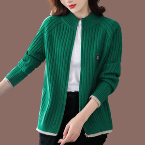 Simplicity Elegant Solid Office Lady Fashion Loose Casual Women's Clothing Zipper Screw Thread Long Sleeve Sweaters Cardigan