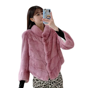 Real Mink Fur Coat Women Whole Pure Mink Short Coats Female Elegant Korean Style Fur Jacket Winter New Stand Collar Clothing FCY