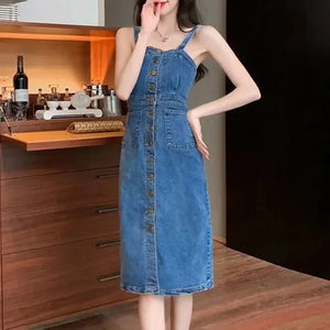 Denim Dress Women 2023 Summer New Retro Casual All-match Denim Slip Dresses Female Single Breasted Long Suspender Skirt