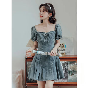 French square collar puff sleeve denim dress female summer slim waist pleated skirt