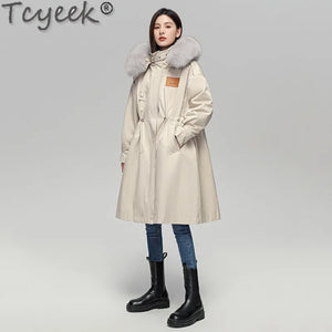 Tcyeek 2023 Winter Fox Fur Collar Parka Elegant Womens Fur Coat Warm Rex Rabbit Fur Liner Detachable Long Jacket Women Clothing