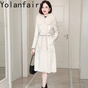 Womens Rex Rabbit Fur Coat Winter Warm Fur Jacket Women Clothing Long Coat Fox Fur Collar Elegant Jackets Overcoat Manteau Femme