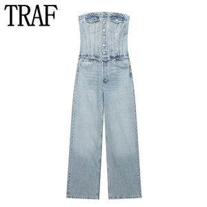 TRAF Off Shoulder Denim Jumpsuit Women Corset Jean Woman Jumpsuit Backless Long Jumpsuits Woman 2023 Summer Streetwear Overalls