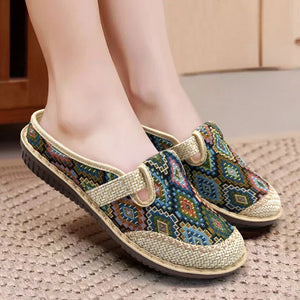 Fashion Women's Shoes Ethnic Style Embroidered Linen Breathable Outdoor Casual Slippers Shoes for Women Zapatos De Mujer 2024