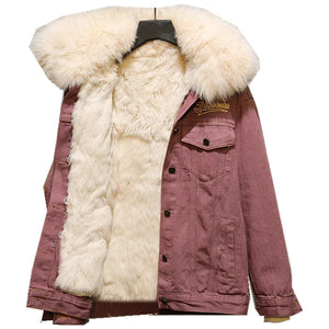 Harajuku style denim parka for women autumn winter 2023 new Korean loose retro  velvet real fox fur collar female jacket