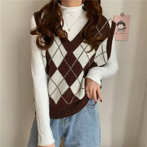 2024 Woman Sleeveless Plaid Vintage Sweater Vest Checkered Waistcoat Lady Autumn Winter  Pullover Knit  U1364