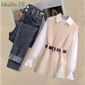 2024 Spring New Korean Elegant in Matching Set Women's Fashion Knitted Vest+Shirt+Jeans Three Piece Female Chic Denim Pants Suit