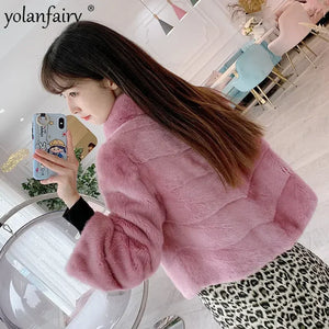 Real Mink Fur Coat Women Whole Pure Mink Short Coats Female Elegant Korean Style Fur Jacket Winter New Stand Collar Clothing FCY