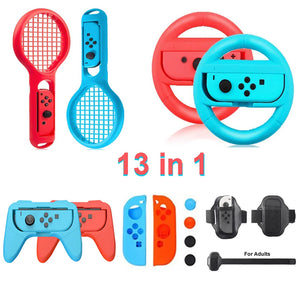 8 in 1 Siwthc Oled Accessories Kit 2 Racing Steering Wheel 2 Handle Grips 4 Analog Caps for Nintendo Switch Joycon Tennis Racket