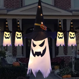 Halloween LED Flashing Light Hanging Ghost Halloween Party Dress Up Glowing Wizard Ghost Hat Lamp Decor Pumpkin Candlestick Lamp