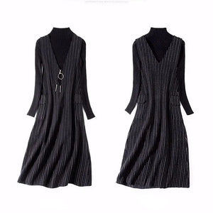 Elegant Spliced Pockets Zipper Striped Ladies Dresses Women's Clothing 2023 Autumn Winter Loose Office Lady Midi Dress