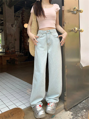 Women's Pink Bow Embroidered Light Blue Thin Jeans Young Girl Straight Bottoms Vintage Casual Trousers Female Wide Leg Pants