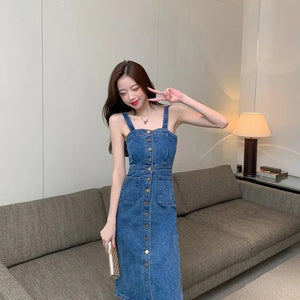 Denim Dress Women 2023 Summer New Retro Casual All-match Denim Slip Dresses Female Single Breasted Long Suspender Skirt