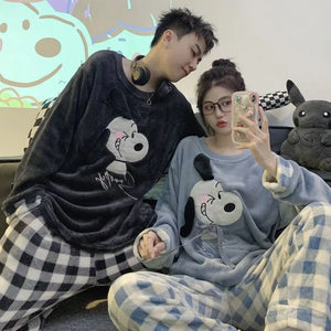 Snoopy Cartoon Cute Kawaii Coral Fleece Couples Long-Sleeved Plaid Pajamas Set Plushie Anime Plush Toys for Girl Birthday Gift