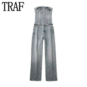 TRAF Off Shoulder Denim Jumpsuit Women Corset Jean Woman Jumpsuit Backless Long Jumpsuits Woman 2023 Summer Streetwear Overalls