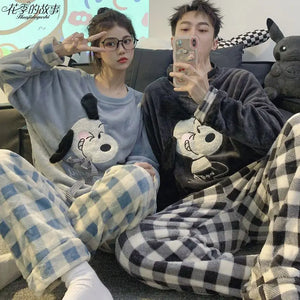 Snoopy Cartoon Cute Kawaii Coral Fleece Couples Long-Sleeved Plaid Pajamas Set Plushie Anime Plush Toys for Girl Birthday Gift