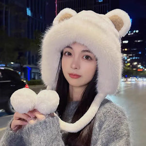 New Winter Warm Knitted Hats Women Plush Fluffy Thicken Warm Fur Beanie Hat Cute Cartoon Bear's Ears Two Balls Ear flap Cap 2023