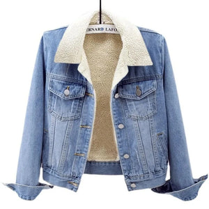 Fleece Warm Winter Jean Jacket Female Pockets Button Soft 2024 Warm Outerwear Fashion Slim Denim Coats For Women