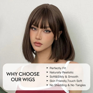 GEMMA Dark Brown Bob Synthetic Natural Hair Wig with Fluffy Bangs for Women Short Straight Wigs Heat Resistant Daily Cosplay Wig