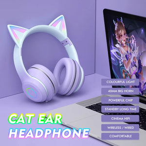 Cute Cat Ears LED Flash Light Headphones Wireless Bluetooth Earphone with HD Mic Hifi Stereo Music Gamer Headsets gifts for kids