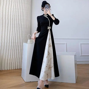 Ladies Fashion Buttons Long Dress Autumn Winter Slim Chinese Style Pullovers Patchwork Women's Clothing 2023 New Elegant Dresses