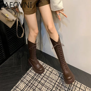 Winter New Platform Women Long Boots Fashion Lace Up Ladies Elegant Knee High Boots Shoes Thick Bottom Boots