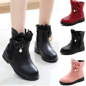 Girls Princess Boots Kids Ankle Boots Lace with Bow-knot Sweet Warm Cotton Children Rubber Boots Fur Lining Snow Boots Shoes New