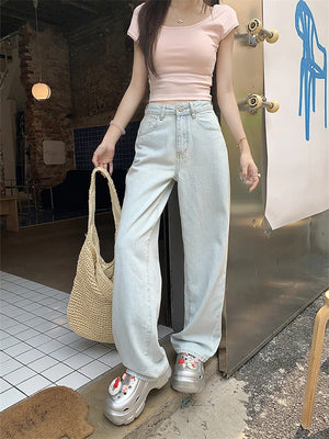 Women's Pink Bow Embroidered Light Blue Thin Jeans Young Girl Straight Bottoms Vintage Casual Trousers Female Wide Leg Pants