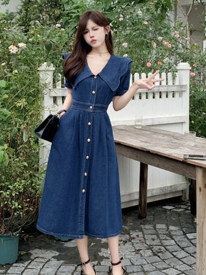 Temperament Summer Women's Denim Dress Elegant Turn-down Collar Short Sleeve Single Breasted Oversized Midi Female Dress M-3xl