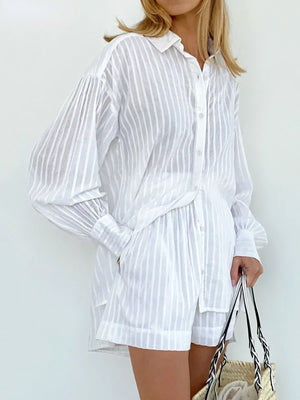 Sumuyoo Casual Shorts Sets Striped Jacquard 2 Pieces Cozy Lapel Lantern Sleeve Shirt Summer Outfit Elastic Waist Shorts Suits