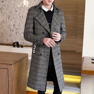 Woolen 2023 Trendy Long Men's Coat Windbreaker British Autumn Winter Plaid Luxury Gentleman Elegant Wool Trench New Clothes