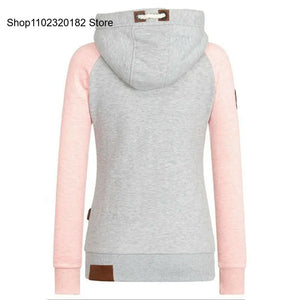 Autumn Spring Contrasting Color Drawstring Zippered Long Sleeve Cardigan Hoodie Coat Jacket Women