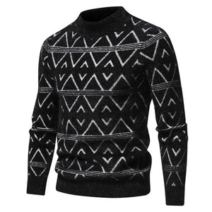 Men Autumn Winter Knitting Sweater O-neck Long Sleeve Geometric Pattern Pullover Tops Soft Thick Warm Knitwear