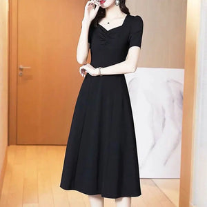 Elegant Square Collar Midi Dress 2024 Summer Solid Color Female Clothing A-Line Waist Fashion Folds Commute Short Sleeve Dresses