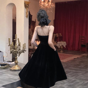 French Black Velvet Spaghetti Strap Midi Dresses for Women 2023 Autumn Elegant Party 2-piece A-line Evening Prom Female Clothing