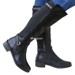 Women's Chunky Heel PU Leather Boots Long Booties Knee High Boots for Ladies Autumn Winter Gothic Shoes Slouchy Woman Wide Calf